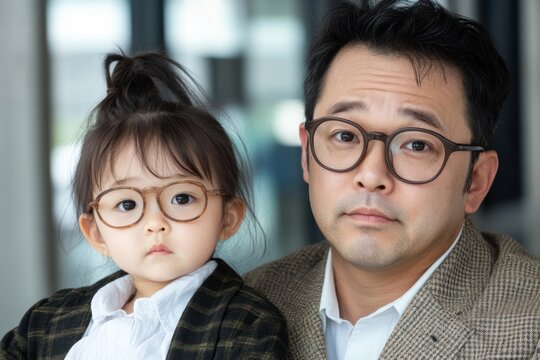 Little girl wearing her father’s oversized blazer and glasses, playing CEO