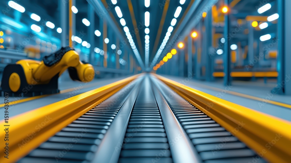 Poster industrial automation setting with robotic arm and rail system in modern factory environment