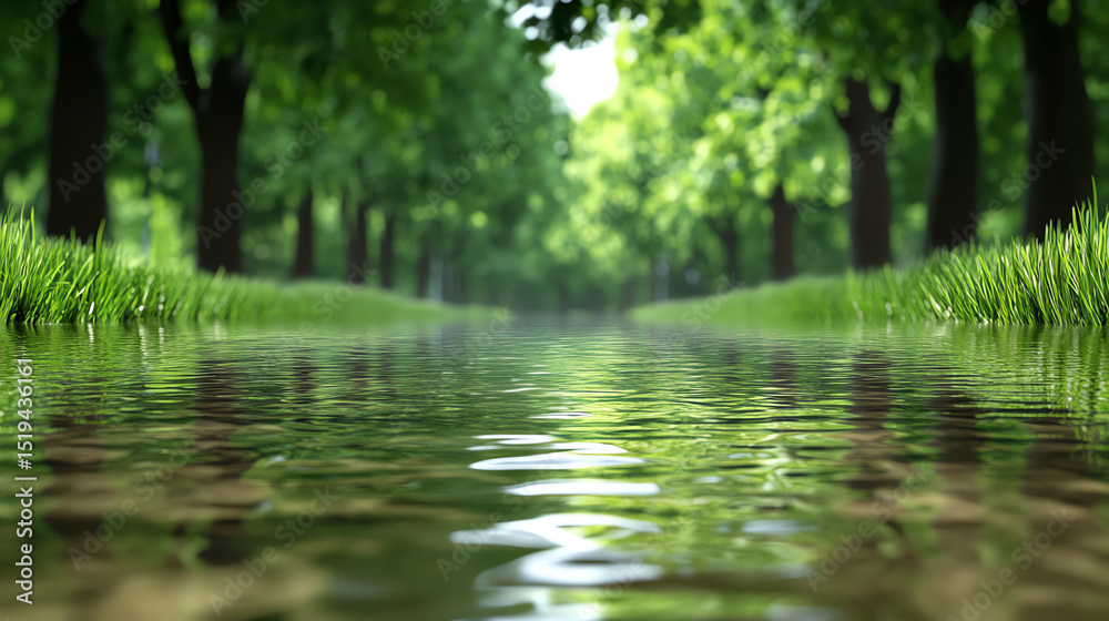 Poster A tranquil river flows through a lush forest, reflecting the vibrant greenery and creating a serene atmosphere.