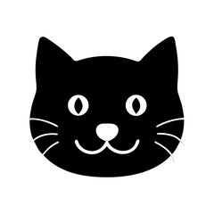 Black cat face silhouette with white whiskers and large eyes displayed on a simple background