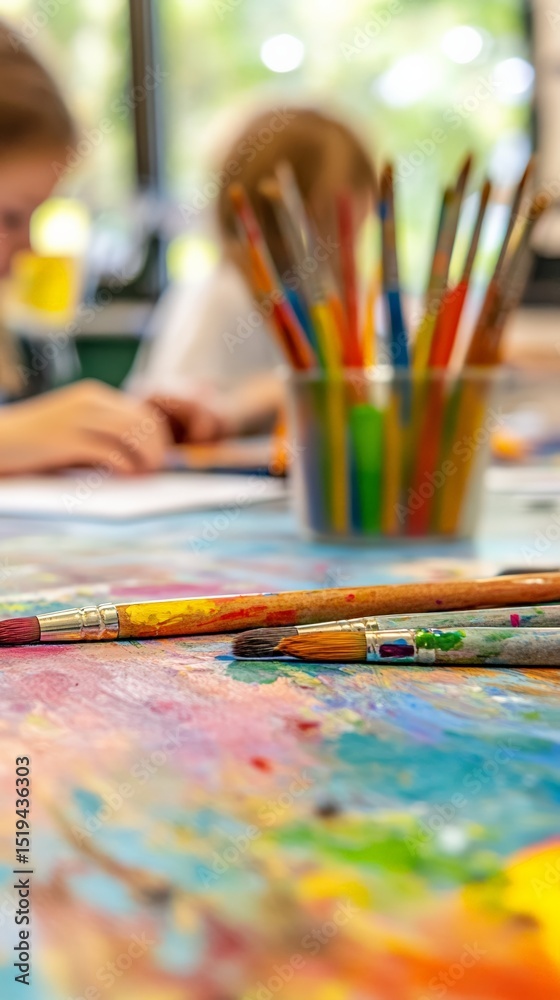 Poster colorful paintbrushes are lying on a vibrant canvas, suggesting an art class in progress, with stude
