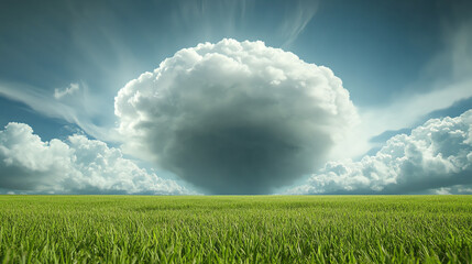 A vast field under a dramatic sky featuring a large cloud, showcasing the beauty and grandeur of nature in a serene landscape.