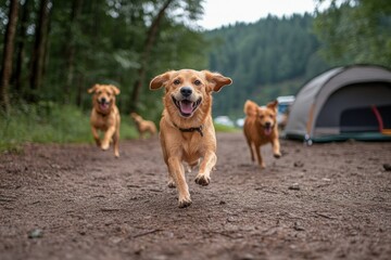 Happy dogs playing in woods by camping tents