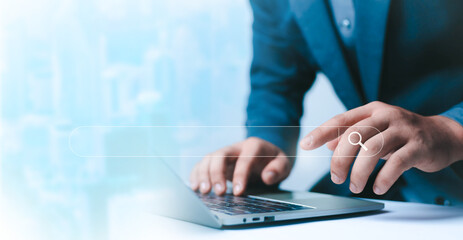 Fototapeta premium Businessman showing technology information search, internet, website, information, www, technology, online, global, optimization 