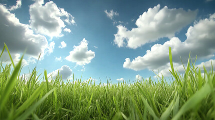 Obraz premium A vivid landscape featuring lush green grass under a bright blue sky dotted with fluffy clouds, embodying the beauty of nature.