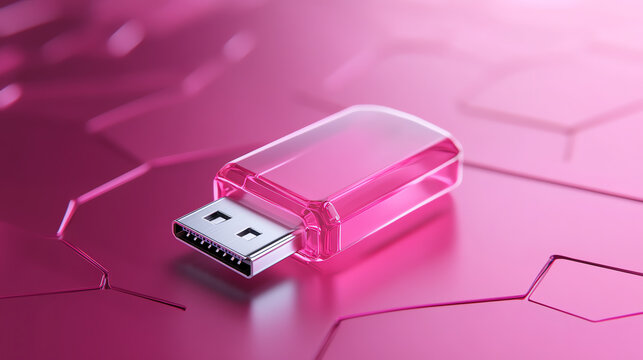 A vibrant pink USB flash drive resting on a hexagonal surface, symbolizing modern data storage and digital innovation.