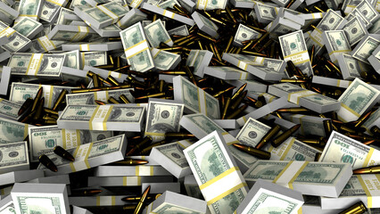 Money and bullets. Bundles of US dollar bills. Concept of war 3d render 