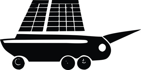 Stylized black and white illustration of a unique wheeled vessel with a sail
