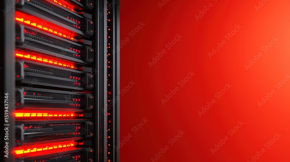 Poster close-up view of server rack with illuminated components and vibrant red background for technology c