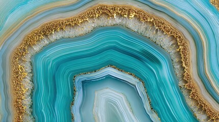 Detailed close-up of the surface of aquamarine agate with intricate blue-green, white, gold, and brown patterns and textures. It provides inspiration for luxurious interiors and stylish design.
