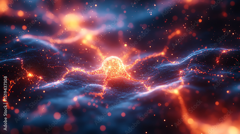 Poster an abstract representation of a cosmic scene with vibrant colors, showcasing swirling energy and dyn