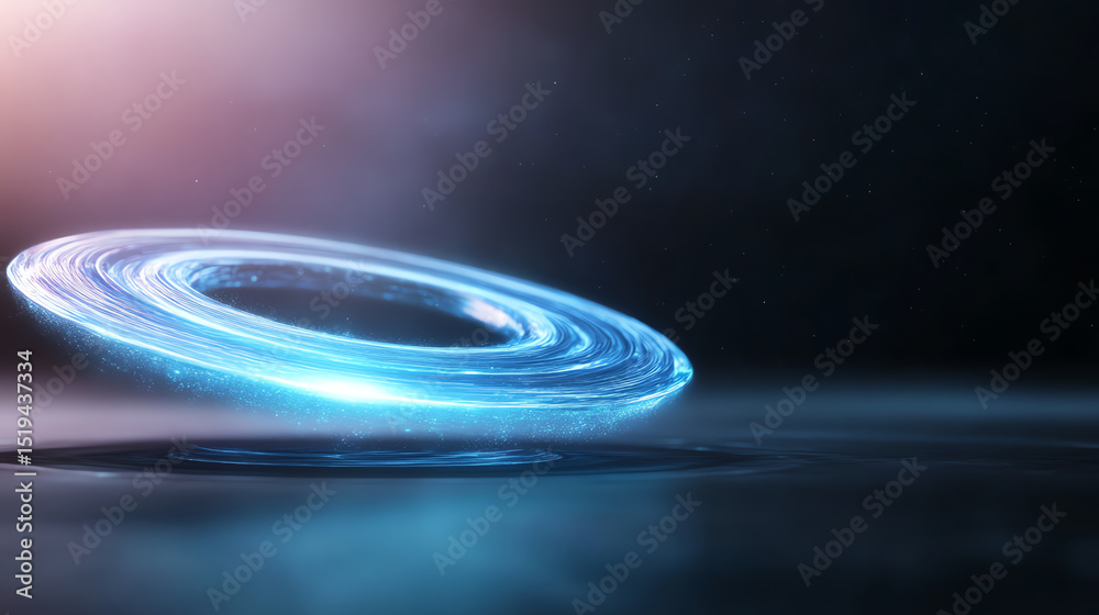 Poster an abstract representation of advanced technology featuring a glowing, hovering disc against a dark 