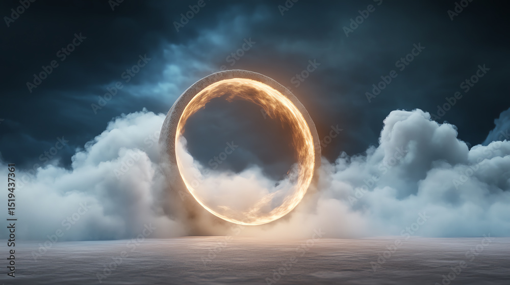 Aufkleber an ethereal glowing ring emerges from swirling clouds, creating a mystical atmosphere in the vastnes