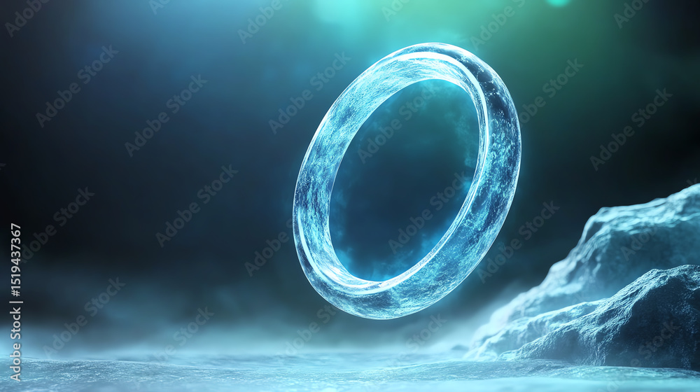 Poster An ethereal glowing ring floats above a rocky surface, creating a mystical atmosphere in a surreal underwater setting.