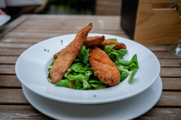 Crispy breaded chicken strips on fresh green salad served in white plate outdoors