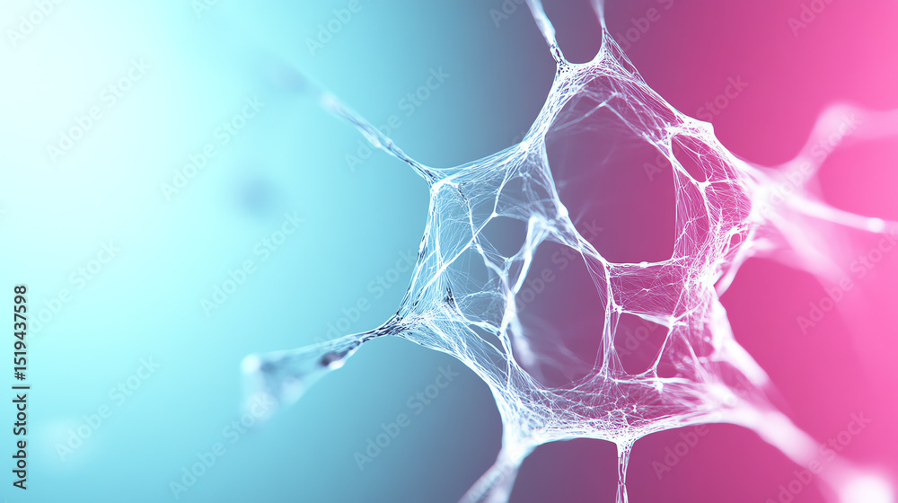 Poster Close-up view of a delicate neuron structure with vibrant blue and pink colors, symbolizing connection and communication in science.