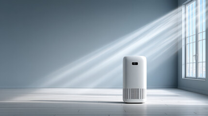 Air Purifier in Sunlight: A sleek, modern air purifier stands bathed in the bright, clean light streaming through a window, symbolizing fresh, purified air in a contemporary setting.