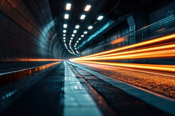 Fast moving cars in a dark tunnel at night