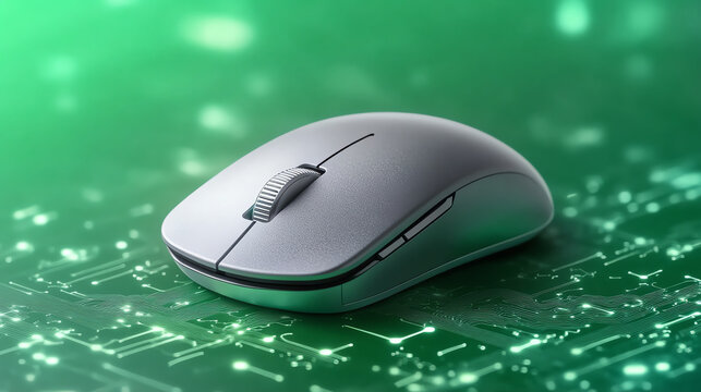 Close-up of a sleek wireless computer mouse on a futuristic circuit board background, ideal for tech-related visuals.