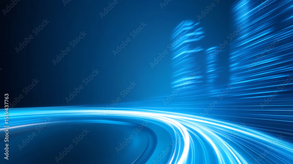 Poster dynamic blue light trails create an energetic backdrop, symbolizing speed and innovation in modern t