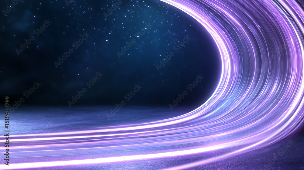 Poster Dynamic light trails create a mesmerizing effect against a starry background, representing futuristic innovation and energy.