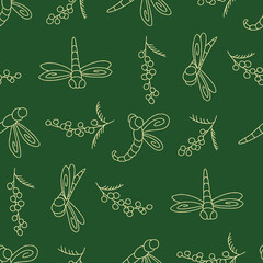 Outline Vector Seamless Pattern of Dragonfly Animal Mimosa Background for Fashion Wrapping Print Fabric
