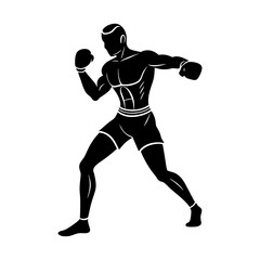 Illustration of a muscular boxer in boxing stance with gloves ready to fight