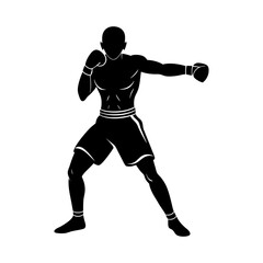 Silhouette of a boxer in a fighting stance with gloves on white background