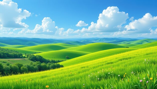 create a vibrant and picturesque summer scene featuring rolling hills covered with lush green grass under a blue sky dotted with fluffy white clouds