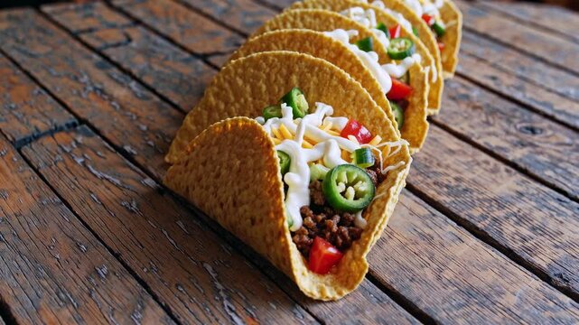 Close-up video angle of tacos on a rustic wooden table, showcasing vibrant toppings and crispy shells in a mouthwatering, appetizing style.