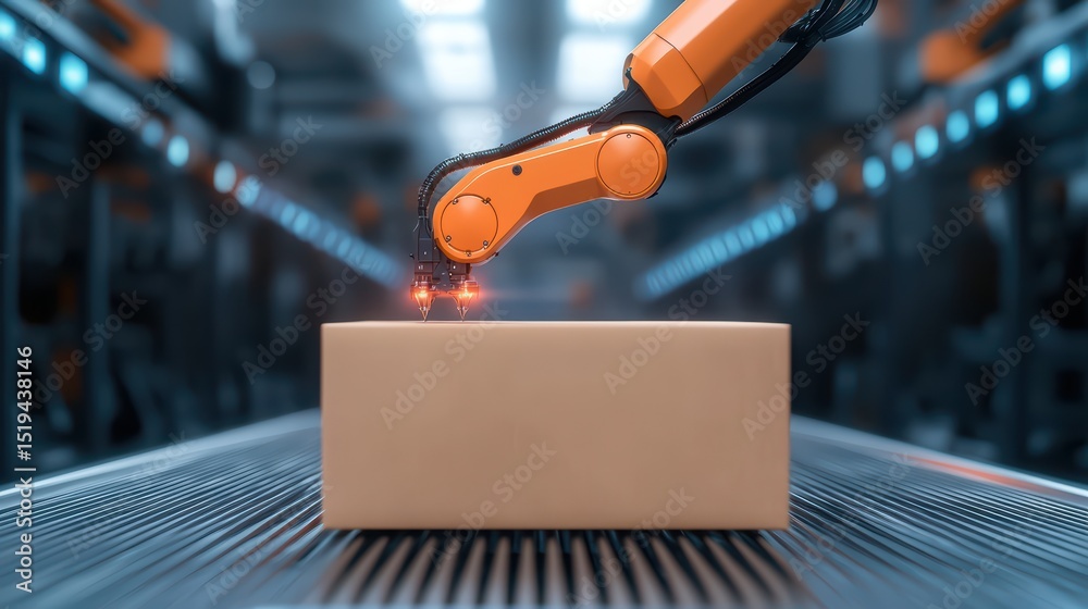 Poster robotic arm handling package in automated warehouse setting with modern technology and efficient log