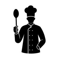Chef silhouette holding a spoon wearing a chef hat and chef uniform