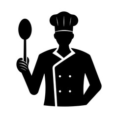 Silhouette of a chef holding a spoon wearing chef hat and chef uniform