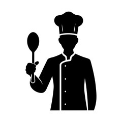 Silhouette of a chef holding a spoon wearing a chef hat and uniform coat