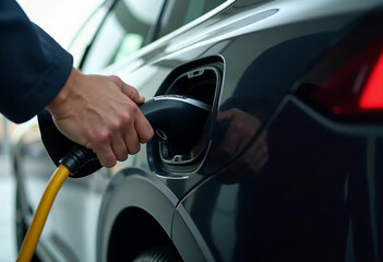 Naklejka premium Close-up of a person plugging a cable into an electric vehicle charging port.