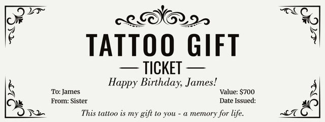 Tattoo gift ticket. Ticket template. Birthday gift. Tattoo voucher template