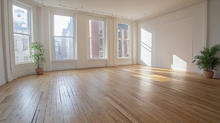 Fototapeta premium Bright, Minimalist Yoga Studio with Natural Light, Wooden Floors, and Blank Advertising Space