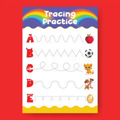 Alphabet line Tracing Practice Worksheet for Preschool Kids, an A4 printready worksheet vector template for kids suitable for back to school