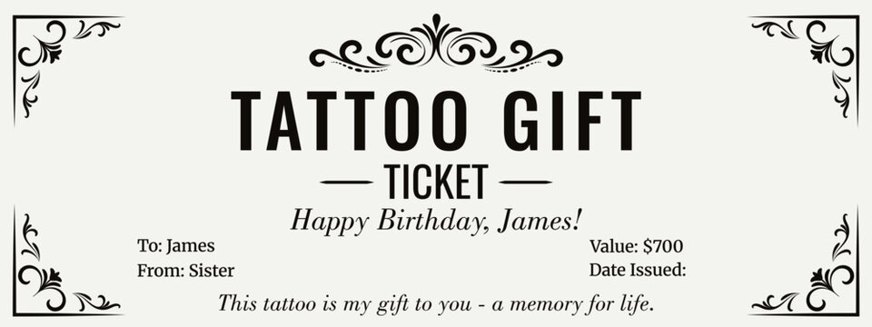 Tattoo gift ticket Ticket template. Birthday gift. Tattoo voucher template