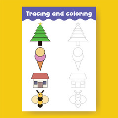Tracing and Coloring Shapes Worksheet for Preschool Kids,  a4 print ready worksheet vector template for kids suitable for back to school