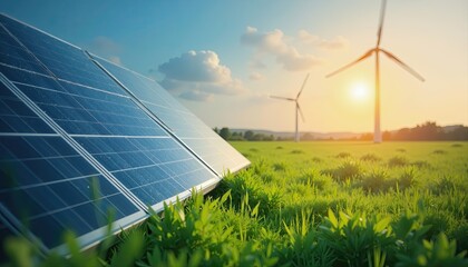 Solar panels and wind turbines in a green field at sunset, representing sustainable clean energy production. Renewable Energy.