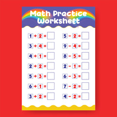 Math Practice Worksheet template for Preschool Kids, a4 print ready worksheet vector template for kids suitable for back to school