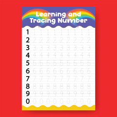 Number Tracing and Learning Worksheet for Preschool Kids,  a4 print ready worksheet vector template for kids suitable for back to school