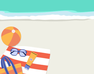 Cartoon of beach towel and summer accessories near the water vector illustration. Drawing for vacation, holiday and beach-themed designs