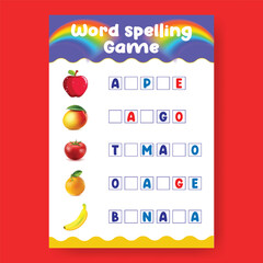 Word Spelling Game Worksheet template for Preschool Kids, an A4 printready worksheet vector template for kids suitable for back to school