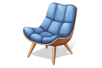 A cartoon illustration of a blue upholstered chair with wooden legs on a white background in a studio shot