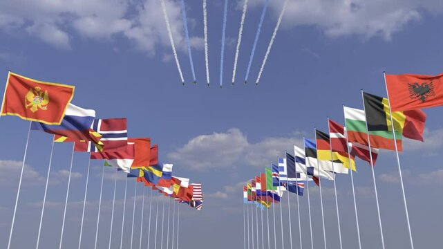 Photorealistic animation: NATO flags in the wind with Eurofighter formation flyover