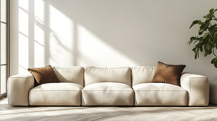 Boho-style living room with a beige sofa, sunlight streaming through a window, and minimalist decor.
