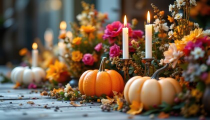 close up of candles, pumpkins, and flowers in a selective focus position, subject at the bottom with ample copy space at the top, optimized for photo use.