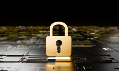 golden padlock on circuit board a gleaming golden padlock stands prominently on a dark metallic...